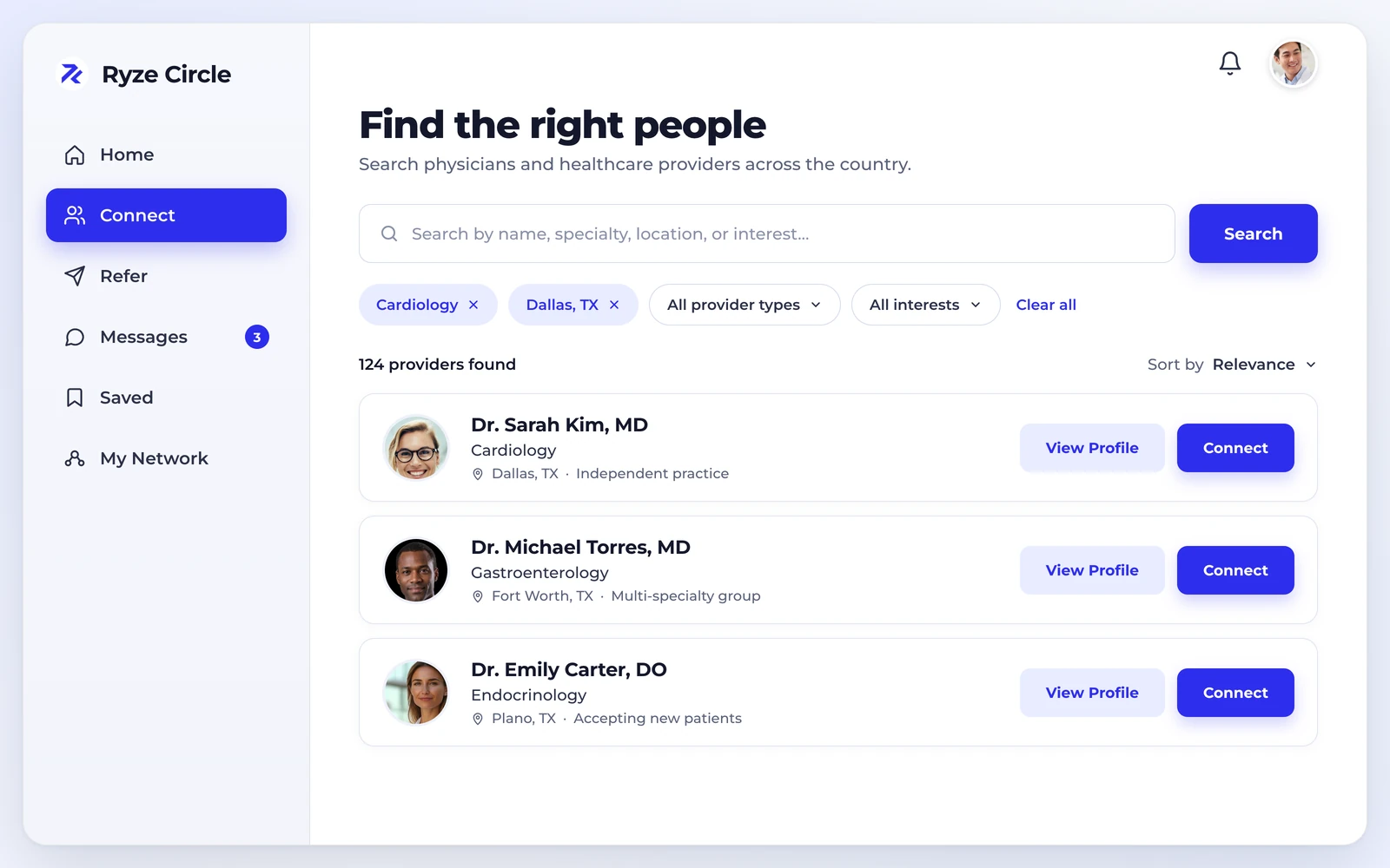 Ryze Circle Connect screen: a search bar with specialty, location, provider type, and interest filters above a list of physician profiles, each with View Profile and Connect buttons