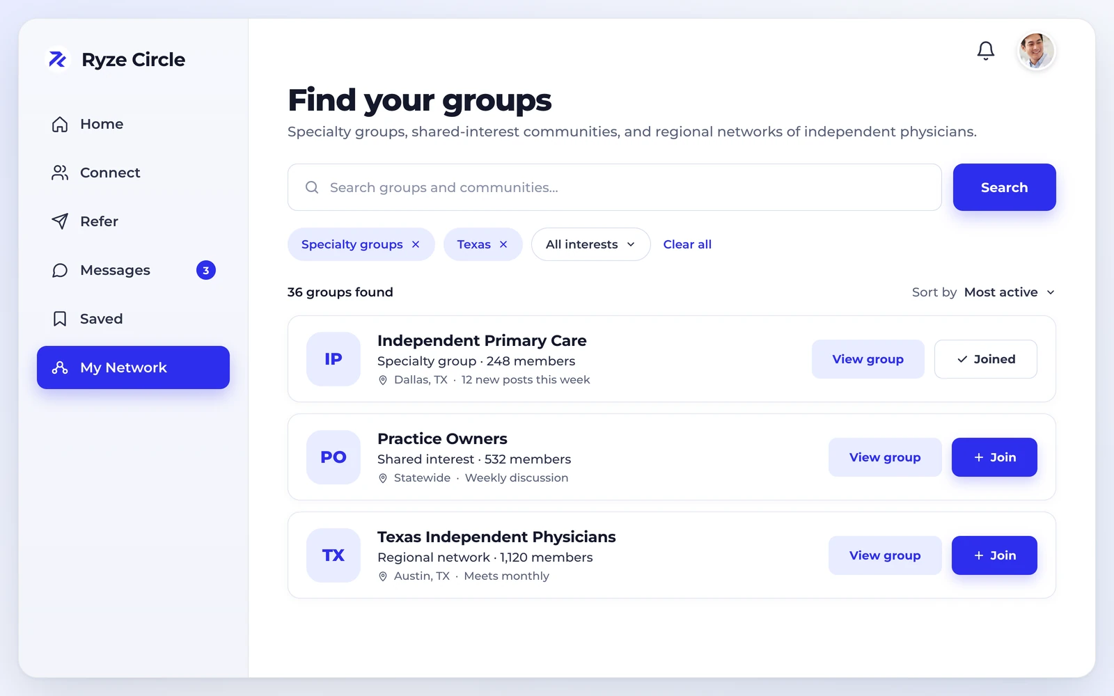 Ryze Circle groups screen: a search for specialty groups and communities with a list of groups, member counts, and Join buttons